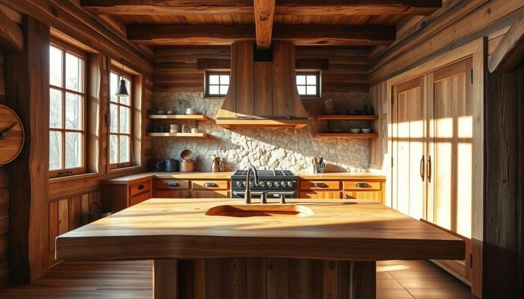 A rustic kitchen interior with a natural stone backsplash and wooden cabinetry. The walls are adorned with reclaimed wooden beams, creating a warm and cozy ambiance. Sunlight filters through large windows, casting a soft glow on the weathered wood textures. In the foreground, a solid wood countertop with a live edge design stands as the centerpiece, complemented by a simple, minimalist sink and faucet. The overall composition conveys a sense of timeless, earthy elegance, evoking the charm of a countryside retreat.