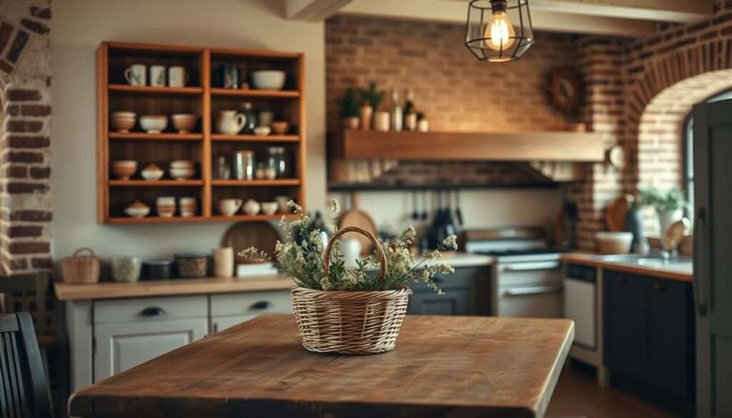 A rustic kitchen with an open shelving display. The foreground features a wooden wall-mounted shelving unit, filled with an assortment of earthenware, glass jars, and decorative items. The middle ground showcases a farmhouse-style wooden table, with a woven basket and a bouquet of wildflowers adding a touch of natural charm. The background is a warm, inviting space, with exposed brick walls, a vintage-inspired pendant light, and a glimpse of a vintage-style stove or oven. The overall atmosphere is cozy, inviting, and reflective of a charming country-style kitchen. Soft, diffused lighting casts a warm glow throughout the scene, creating a welcoming and nostalgic ambiance.