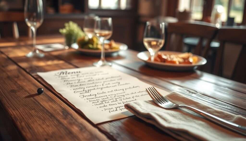 A rustic wood table, its surface adorned with a handwritten menu scrawled in calligraphy, showcasing a delightful array of homemade dishes. Soft, natural lighting filters in through a window, casting a warm, inviting glow over the scene. In the foreground, a simple yet elegant place setting with a linen napkin and vintage silverware. The background blurs, hinting at a cozy, intimate dining space, where friends and family can gather to savor a virtual dinner party experience.