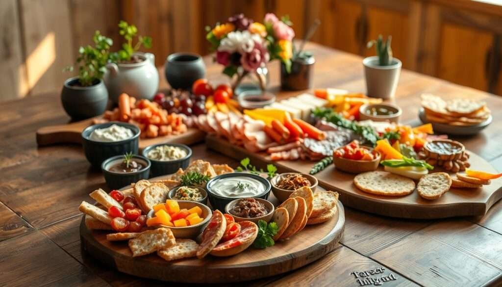 A rustic wooden table adorned with an array of homemade appetizers, bathed in warm, natural lighting. In the foreground, a platter showcases a selection of colorful, artisanal dips and spreads, accompanied by freshly baked bread, crackers, and crudités. The middle ground features a charcuterie board featuring an assortment of cured meats, artisanal cheeses, and vibrant, pickled vegetables. In the background, a few potted herbs and a simple floral centerpiece lend an elegant, yet approachable ambiance, evoking the feeling of a cozy, virtual dinner party. The overall scene conveys a sense of simplicity, creativity, and shared culinary delight.