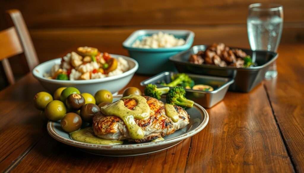 A rustic wooden table set with a variety of takeout-style keto dishes. In the foreground, a plate features a juicy grilled chicken thigh with a creamy avocado sauce, alongside a side of roasted Brussels sprouts. In the middle ground, a bowl of aromatic stir-fried beef and broccoli rests, the glistening sauce hinting at its savory flavors. In the background, a container of keto-friendly cauliflower rice and a glass of refreshing iced water complete the scene. Warm lighting casts a cozy glow, creating an inviting atmosphere that evokes the comfort of a home-cooked meal.
