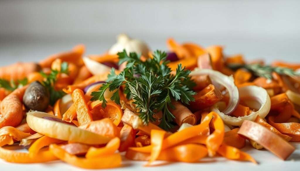 A scattered arrangement of vibrant vegetable peels, meticulously captured in a crisp, close-up shot. The foreground features an assortment of carrot, potato, and onion skins, their textures and colors on full display under soft, natural lighting. In the middle ground, sprigs of fresh herbs - such as parsley, thyme, and rosemary - add a touch of greenery, complementing the earthy tones. The background blurs into a clean, neutral backdrop, allowing the ingredients to take center stage. The overall composition conveys a sense of intentionality and showcases the potential of utilizing every part of the produce for a zero-waste kitchen.
