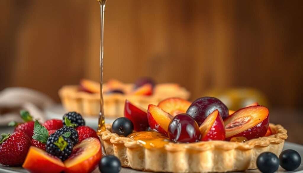 A scrumptious fruit dessert set against a warm, inviting backdrop. In the foreground, a delicate arrangement of fresh berries, sliced peaches, and juicy plums, drizzled with a glistening honey glaze. The middle ground features a fluffy, golden-crusted tart shell, its flaky pastry encasing a vibrant filling of mixed fruits. Soft, diffused lighting casts a gentle glow, highlighting the natural sweetness and vibrant colors of the dessert. The overall composition evokes a sense of rustic elegance, perfect for showcasing a gluten-free, fruit-forward treat.