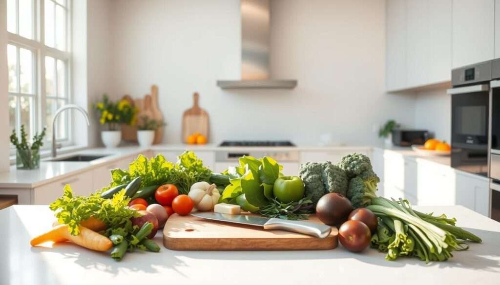 A serene, well-lit kitchen with a minimalist, modern aesthetic. In the foreground, a bountiful selection of whole, nutrient-dense ingredients - fresh greens, lean protein sources, and low-carb vegetables. Sunlight streams in through large windows, casting a warm, inviting glow. In the center, a cutting board with a chef's knife, symbolizing the preparation and transformation of these wholesome foods into a delectable, fat-loss-friendly meal. The background features sleek, clean-lined countertops and cabinets, conveying a sense of order and organization. The overall atmosphere exudes a feeling of clarity, simplicity, and a focus on nourishing, high-quality sustenance.