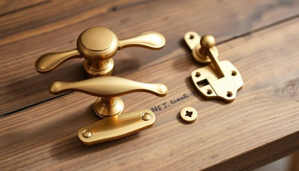A set of warm-toned brass cabinet hardware, including a pull handle, knob, and hinge, arranged in a harmonious composition on a rustic wooden surface. The hardware glints softly under natural lighting, creating a subtle and inviting farmhouse aesthetic. The smooth brass surfaces reflect the surrounding environment, evoking a sense of timeless craftsmanship. The hardware is positioned to showcase its intricate detailing and elegant curves, drawing the viewer's eye to appreciate the carefully curated design. The overall mood is one of understated sophistication, blending seamlessly with the charming, country-inspired setting.