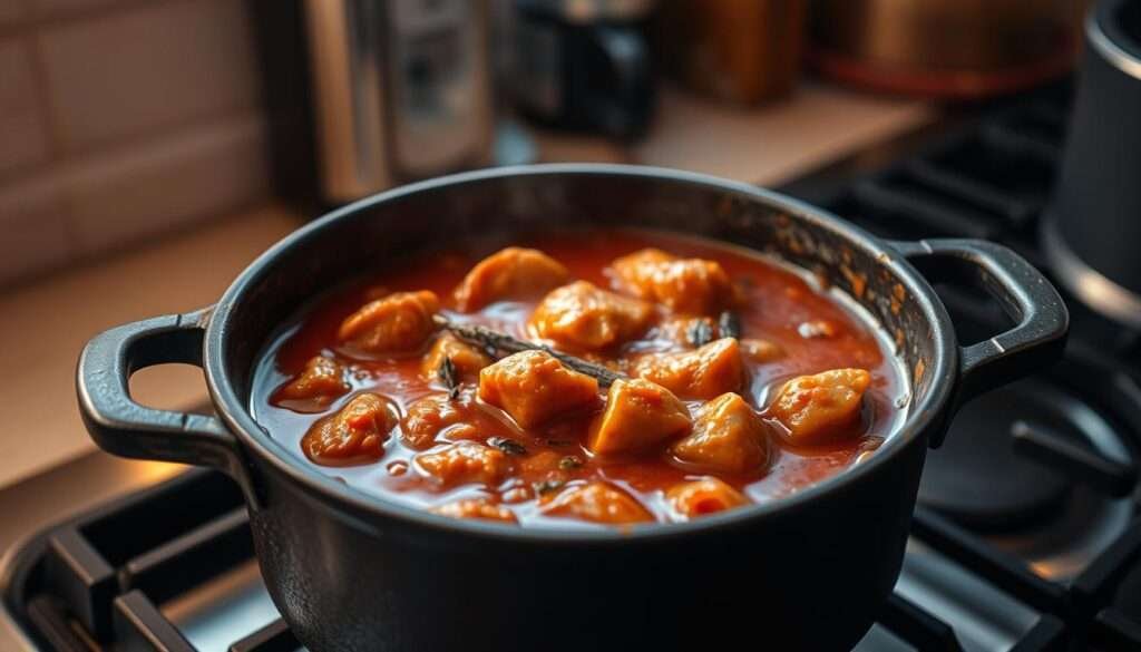 A simple, rustic one-pot meal simmering on a stovetop, casting a warm glow in a cozy kitchen. The pot is made of cast iron, its surface glistening with the rich, savory sauce. Aromatic herbs and spices float on the surface, hinting at the flavors within. The scene is bathed in soft, diffused lighting, creating a comforting and inviting atmosphere. The camera angle is slightly elevated, providing a clear view of the pot's contents - a hearty, protein-packed dish ready to be enjoyed after a long, busy day.