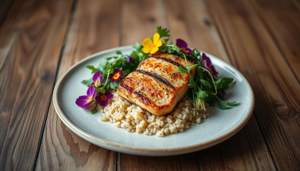 A simple yet elegant dish presented on a rustic wooden table, with soft natural lighting illuminating the scene. In the foreground, a delicate arrangement of fresh, vibrant greens and colorful edible flowers, carefully plated to create an eye-catching composition. The main focus, a perfectly seared protein, glistens with a golden-brown crust, nestled atop a bed of fluffy, seasoned grains. In the background, a minimalist backdrop of warm, earthy tones, allowing the dish to take center stage. The overall atmosphere conveys a sense of effortless sophistication, inviting the viewer to imagine the delightful flavors and textures of this homemade, Instagrammable culinary creation.