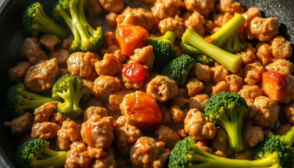 A sizzling skillet filled with tender ground chicken, fresh broccoli florets, and a delectable blend of sweet and spicy flavors. The chicken sears to a golden brown, its savory essence infused with a hint of honey and a kick of Sriracha. Broccoli spears, vibrant and crisp, add a refreshing crunch. Dramatic lighting casts dramatic shadows, highlighting the rich textures and vibrant colors of this irresistible dish. A tantalizing, mouthwatering scene, captured from a high angle to showcase the skillet's tempting contents.