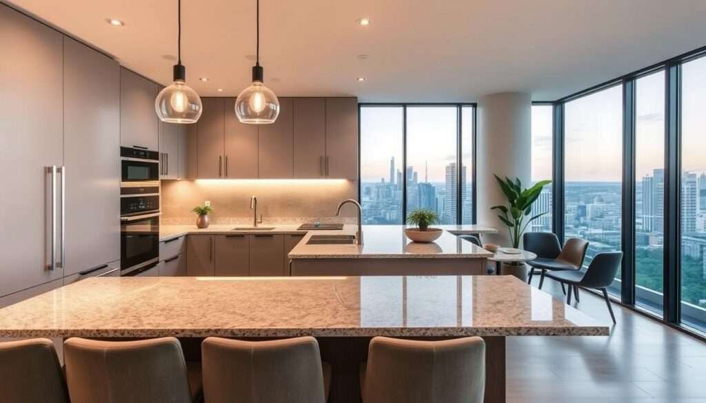 A sleek and modern breakfast bar kitchen with a minimalist aesthetic. In the foreground, a clean-lined, granite-topped bar with plush barstools invites casual dining. Warm pendant lighting casts a soft glow, while the middle ground features contemporary cabinetry in a neutral color palette. The background showcases large windows overlooking a picturesque urban landscape, allowing natural light to flood the space. The overall vibe is one of understated elegance and functionality, perfect for a small kitchen looking to maximize its dining potential.