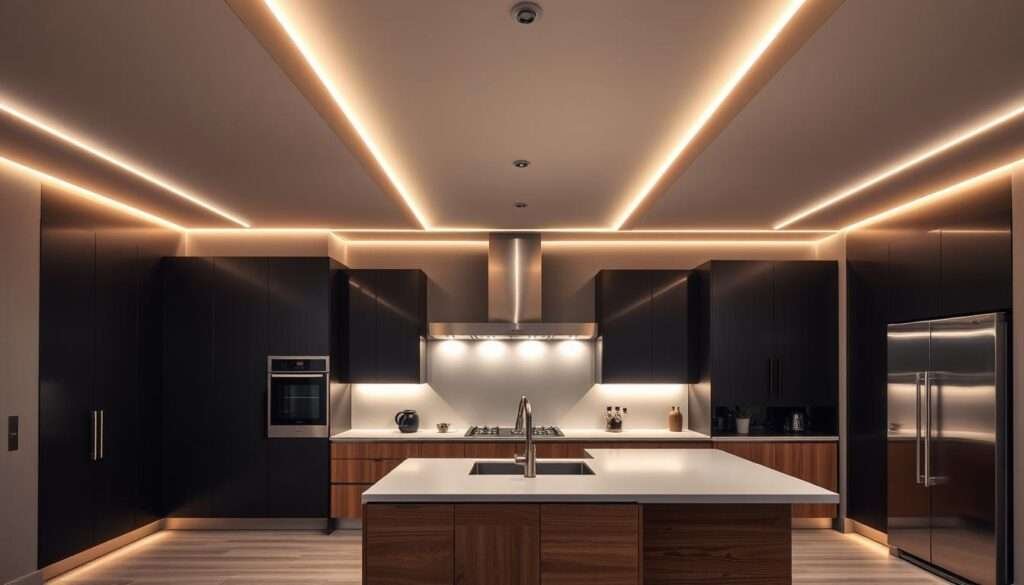 A sleek, contemporary kitchen bathed in the warm glow of integrated LED lighting channels that run seamlessly along the ceiling and cabinetry. The kitchen features clean, minimalist lines, with a mix of matte black and natural wood finishes. Strategically placed LED strips cast a soft, diffused illumination, creating a cozy and inviting atmosphere. The lighting design effortlessly blends with the modern, high-tech aesthetic, drawing the eye upwards and accentuating the architectural details. Stainless steel appliances and a large, central island complete the futuristic yet functional design, showcasing how LED lighting can enhance the overall style and ambiance of a cutting-edge kitchen space.