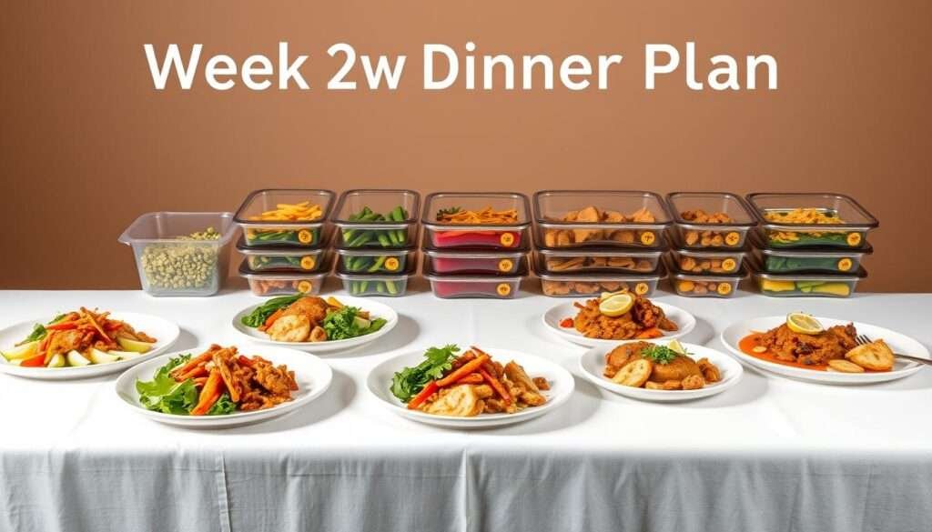 A sleek, minimalistic table setup showcasing a structured week two dinner plan. The tabletop is adorned with a crisp white tablecloth, casting a soft, even light across the scene. In the foreground, a series of neatly arranged plates present a variety of high-protein meal options, each artfully plated with vibrant, freshly-prepared ingredients. The middle ground features a collection of meal prep containers, each labeled with the day of the week, allowing for easy organization and planning. In the background, a subtle gradient backdrop in earthy tones creates a sense of depth and sophistication, complementing the clean, modern aesthetic. The overall composition exudes a sense of efficiency, health, and culinary expertise, perfectly reflecting the section's title and the article's subject matter.
