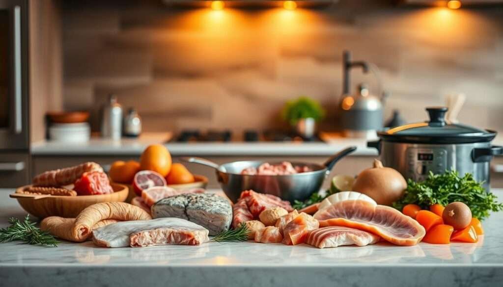 A sleek, modern kitchen counter showcases an assortment of high-protein ingredients. In the foreground, an array of lean meats, fish, and plant-based proteins are neatly arranged, each with a distinct texture and color. The middle ground features various cooking vessels, including a sizzling pan and a slow cooker, hinting at the different preparation methods. The background is bathed in warm, focused lighting, casting a cozy, inviting atmosphere. The overall scene conveys a sense of culinary expertise and a strategic approach to crafting delicious, high-protein meals.