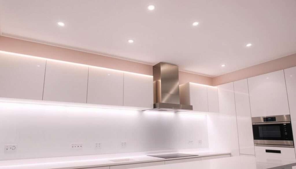 A sleek, modern kitchen illuminated by an integrated LED lighting channel that runs along the underside of the overhead cabinets, casting a warm, ambient glow across the minimalist white countertops and backsplash. The LED strips are seamlessly integrated into the cabinetry design, creating a futuristic, clean aesthetic. Indirect lighting from the recessed ceiling fixtures casts a soft, even light, complementing the focal point of the LED channel. The scene has a serene, high-tech atmosphere, with a hint of minimalist sophistication.