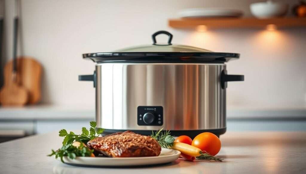 A sleek, modern slow cooker sits prominently on a minimalist kitchen counter, its brushed stainless steel exterior gleaming under warm, diffused lighting. The appliance's oval shape and clean lines evoke efficiency and practicality, hinting at the effortless meal prep to come. In the foreground, a few simple ingredients - hearty protein, fresh vegetables, and aromatic herbs - are arranged neatly, suggesting the easy assembly of a wholesome, high-protein dinner. The background is softly blurred, allowing the slow cooker to be the focal point, a testament to the convenience and time-saving benefits of this kitchen essential. The overall mood is one of calm, confidence, and the promise of a satisfying, stress-free meal in under 30 minutes.
