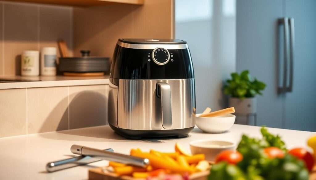A sleek, stainless steel air fryer sits prominently on a modern kitchen counter, bathed in soft, warm lighting. The appliance gleams, reflecting the surrounding neutral-toned tiles and minimalist decor. In the foreground, various kitchen tools and ingredients - such as a pair of tongs, a small bowl, and fresh produce - are neatly arranged, hinting at the preparation of a healthy, air-fried snack. The scene conveys a sense of organized efficiency, with the air fryer as the focal point, ready to assist in creating delicious and nutritious culinary creations.