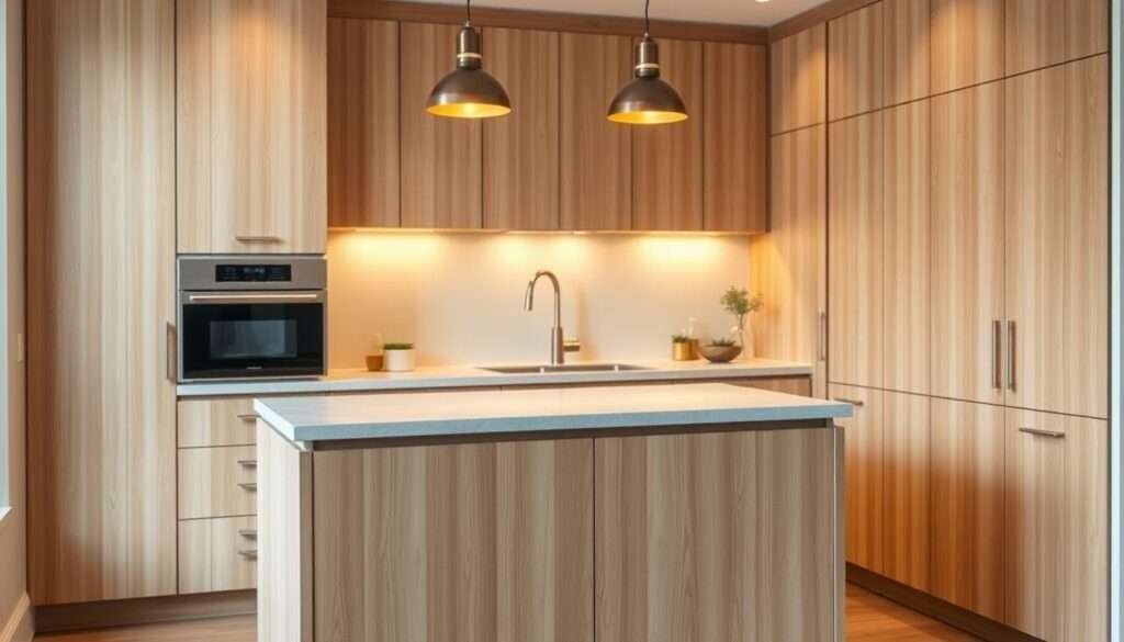 A small, minimalist kitchen island with a sleek, quartz countertop set against a backdrop of warm, whitewashed wood cabinets. The island features a clean, rectangular design with subtle, brushed metal hardware. Warm, ambient lighting from a pair of modern, pendant lamps casts a soft glow, creating a cozy and inviting atmosphere. The island is positioned centrally within the compact kitchen space, offering ample workspace and storage. A simple, yet functional design that maximizes the limited square footage, perfect for a modern, urban home.