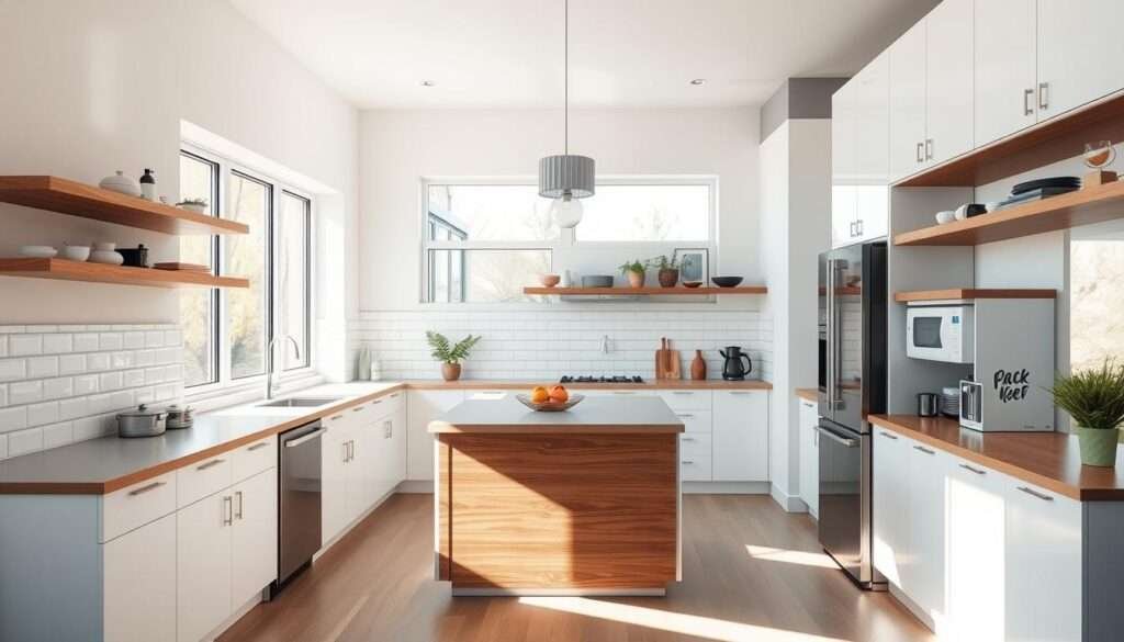 A small, modern kitchen with an island in the center, bathed in warm, natural lighting from large windows. The kitchen features sleek, minimalist white cabinets and countertops, accented by wood tones in the island and floating shelves. Stainless steel appliances, a subway tile backsplash, and pendant lights create a cohesive, contemporary aesthetic. The open layout seamlessly connects the kitchen to an adjacent living area, blending functionality and style in a compact, efficient space.