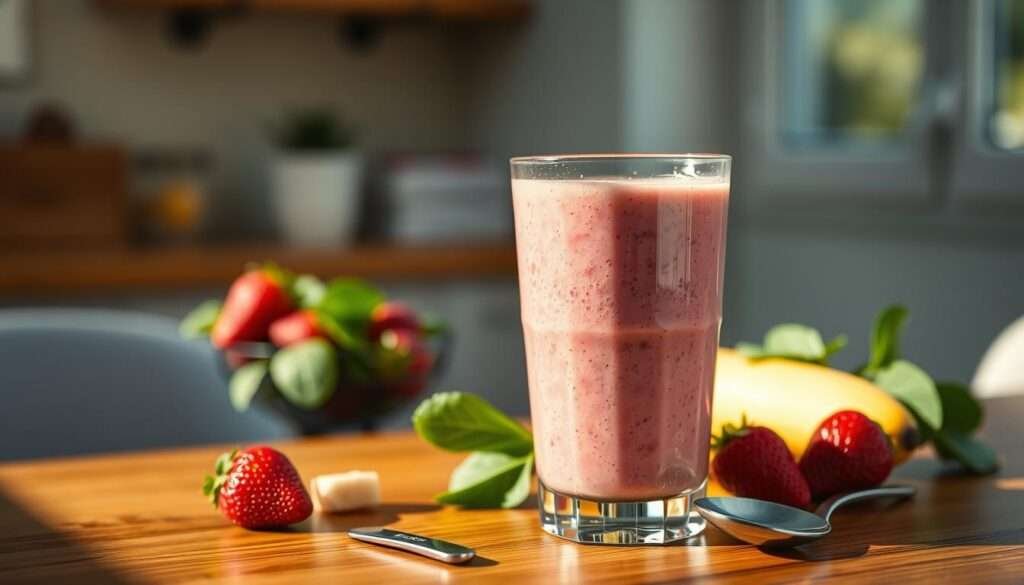 A smoothie with a vibrant, creamy texture sits on a wooden tabletop, illuminated by warm, natural light filtering in through a nearby window. Fresh, ripe strawberries, bananas, and spinach leaves are visible, blended together into a nutritious and refreshing drink. The glass has a sleek, modern design, allowing the vivid pink-green hue of the smoothie to shine. Nearby, a spoon rests casually, inviting the viewer to enjoy the healthy, energizing treat. The scene exudes a sense of simplicity, wellness, and the satisfaction of a nourishing, homemade beverage.