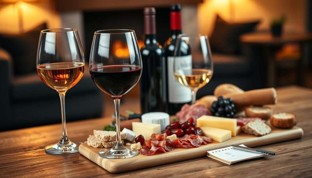 A sophisticated wine pairing scene on a wooden table. In the foreground, two wine glasses filled with red and white wine are placed alongside a charcuterie board featuring an assortment of cured meats, cheeses, and fresh bread. The middle ground showcases an open bottle of wine, a corkscrew, and a small notebook with wine tasting notes. The background features a blurred, cozy interior with warm lighting, creating a relaxed and inviting atmosphere. The overall composition conveys the art of expertly pairing wine with homemade meals, showcasing the harmonious flavors and textures.