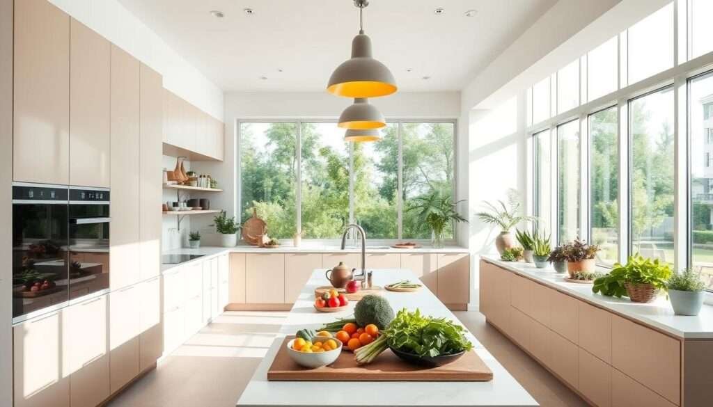 A spacious, sun-drenched kitchen with sleek, minimalist cabinetry in muted tones. The countertops are clean and uncluttered, showcasing an array of fresh, vibrant produce and ingredients. Suspended from the ceiling, a modern pendant light casts a warm glow, illuminating the room's airy, welcoming ambiance. In the background, floor-to-ceiling windows flood the space with natural light, blurring the lines between indoors and out. The overall atmosphere is one of culinary inspiration and plant-based potential, setting the stage for an impressive and delightful tasting menu.