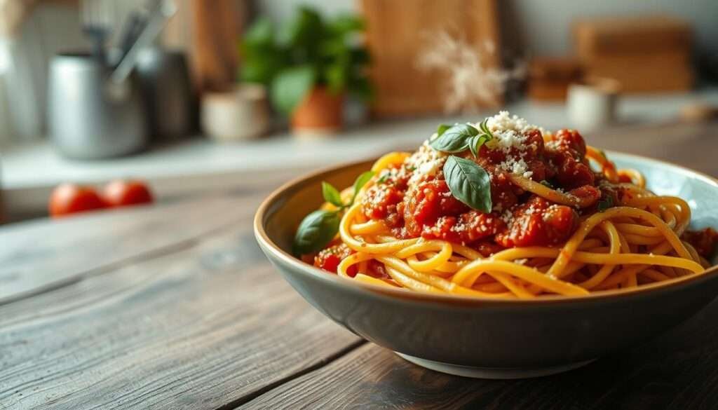 A steaming bowl of al dente pasta, strands coiled in a rich tomato sauce, flecked with flecks of fresh basil and grated Parmesan. The pasta rests on a weathered wooden table, bathed in soft, warm lighting that casts a cozy, homely atmosphere. In the background, a simple, minimalist kitchen scene comes into focus, hinting at the care and attention poured into this comforting, protein-packed vegetarian meal. Depth of field creates a sense of focus, drawing the eye to the star of the dish - the pasta itself, a testament to the nourishing, family-friendly recipes showcased in the article.
