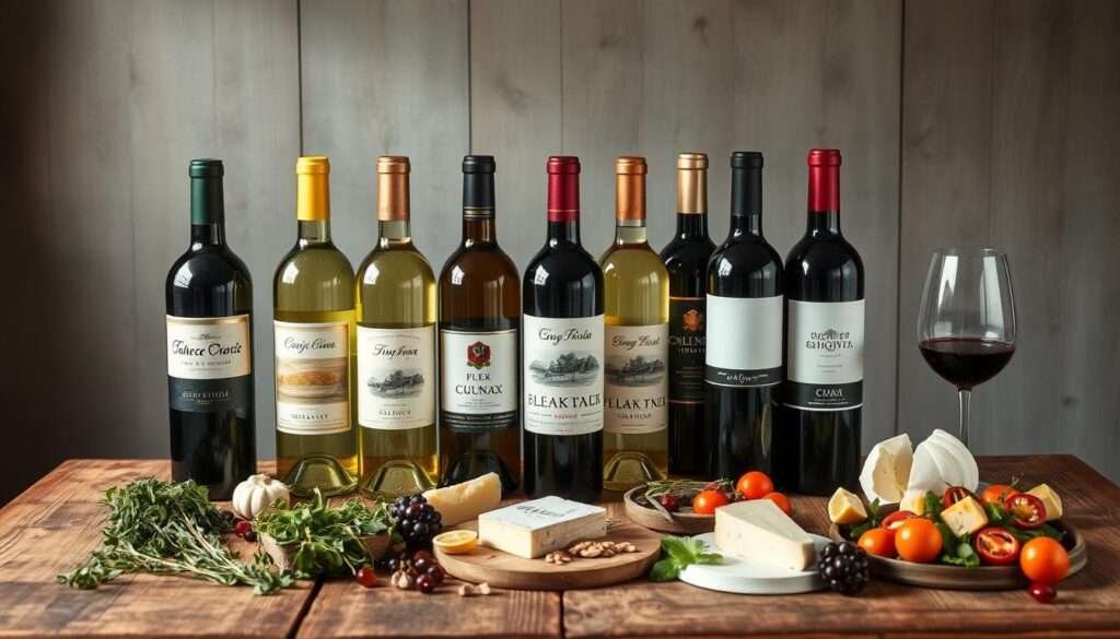 A still life arrangement depicting a "Quick Guide: Match by Body from Light to Full" for wine and food pairings. Centered on a rustic wooden table, a selection of wine bottles showcasing a spectrum of body types, from light and crisp whites to bold, full-bodied reds. Carefully placed around the bottles are complementary ingredients and garnishes, such as fresh herbs, cheeses, and seasonal produce, highlighting the harmonious relationship between wine and food. Soft, natural lighting illuminates the scene, creating a warm, inviting atmosphere. The composition is balanced and visually appealing, allowing the viewer to easily grasp the concept of matching wine by body weight.