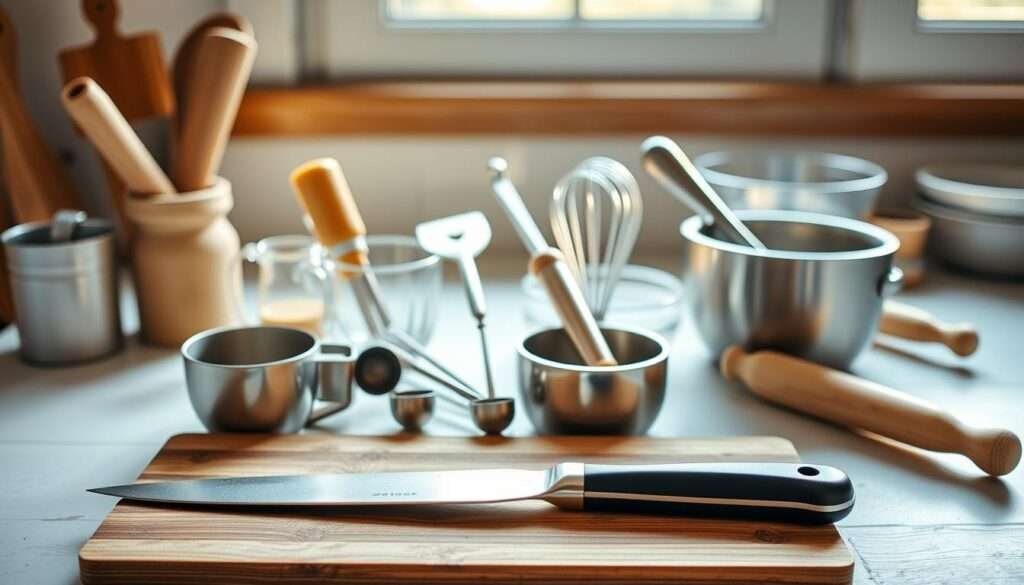 A still life of essential kitchen tools, illuminated by soft, natural lighting from a large window. In the foreground, a wooden cutting board, a sharp chef's knife, and a sturdy spatula. In the middle ground, a set of measuring cups and spoons, a silicone whisk, and a stainless steel vegetable peeler. In the background, a mortar and pestle, a rolling pin, and a set of mixing bowls in varying sizes. The overall mood is one of functionality and simplicity, with a warm, inviting atmosphere that suggests the preparation of a nourishing, homemade meal.