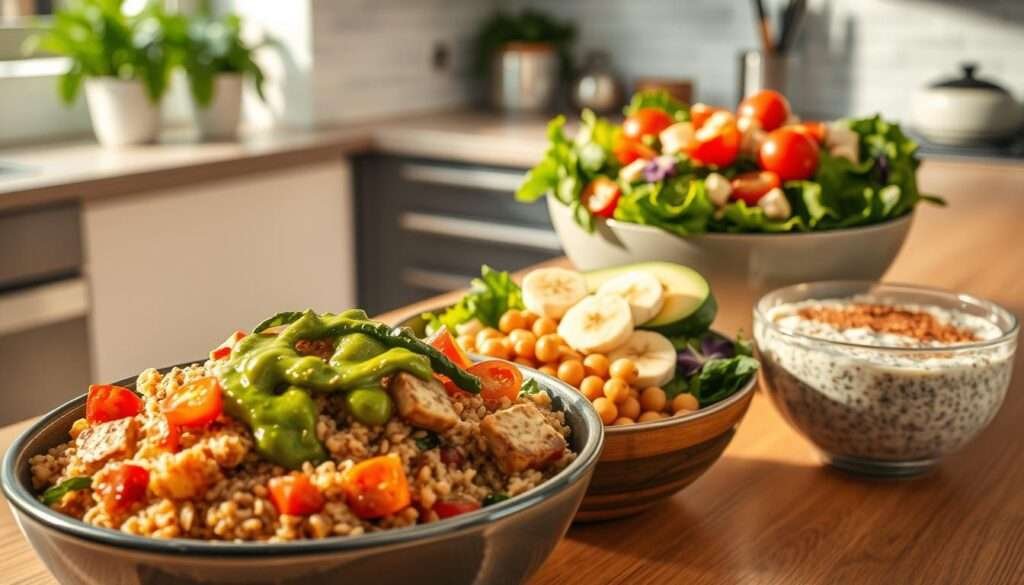 A stylish kitchen counter, its surface adorned with an array of colorful, nutrient-dense bowls. In the foreground, a bowl overflows with a hearty mix of quinoa, roasted vegetables, and marinated tofu, drizzled with a vibrant green sauce. Next to it, a bowl brimming with a vibrant salad, its leafy greens punctuated by juicy cherry tomatoes, crunchy chickpeas, and sliced avocado. In the middle ground, a third bowl showcases a creamy, protein-rich oatmeal topped with sliced bananas, chia seeds, and a sprinkle of cinnamon. The scene is bathed in warm, natural lighting, captured from a slightly elevated angle, creating a sense of abundance and health. The overall atmosphere conveys a feeling of nourishment and simplicity, highlighting the power of plant-based, protein-packed meals.