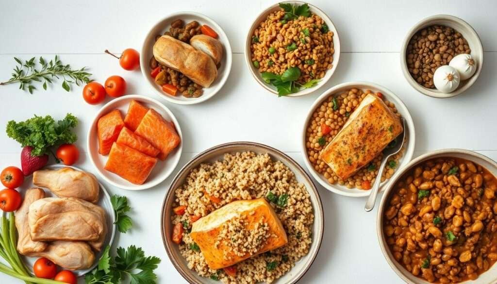 A stylized 7-day meal plan featuring a variety of high-protein dinner dishes. In the foreground, arrange a selection of fresh, vibrant ingredients like chicken, salmon, lentils, and eggs in neat rows. In the middle ground, display the dishes themselves - grilled chicken with roasted vegetables, pan-seared salmon with quinoa, and hearty lentil stew - all shot from an overhead angle with natural, soft lighting. In the background, a minimalist backdrop of clean white surfaces with subtle textures, creating a sense of simplicity and organization. The overall mood is one of wholesome, balanced nutrition and meal prep efficiency.