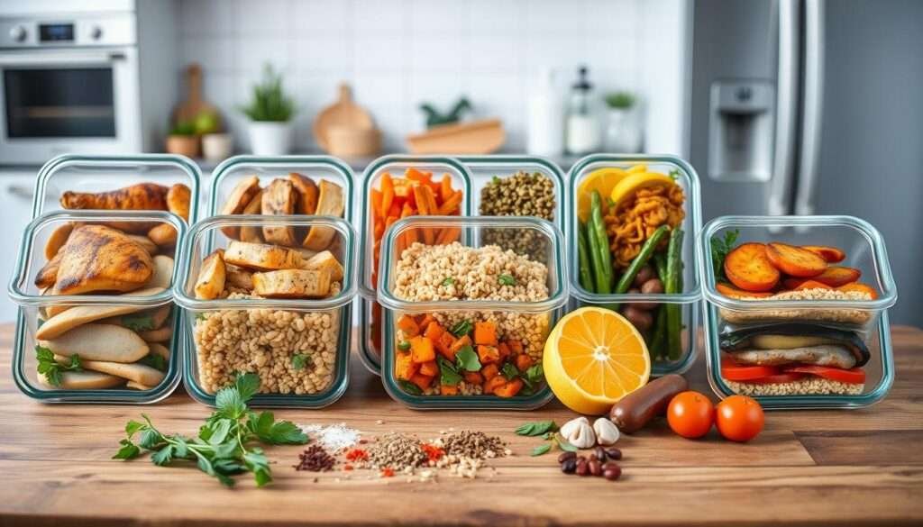 A stylized, high-resolution image of a seven-day meal plan featuring a variety of nutritious, high-protein dinner options. In the foreground, glass meal prep containers filled with grilled chicken, roasted vegetables, quinoa, and other lean protein sources are neatly arranged on a wooden table. In the middle ground, fresh ingredients like herbs, spices, and citrus fruits are scattered around the containers, suggesting a homemade, wholesome aesthetic. The background features a soft, blurred kitchen scene with modern appliances and minimalist decor, creating a clean, contemporary atmosphere. The lighting is natural and diffused, highlighting the vibrant colors of the food. The overall mood is one of organization, health, and culinary inspiration.