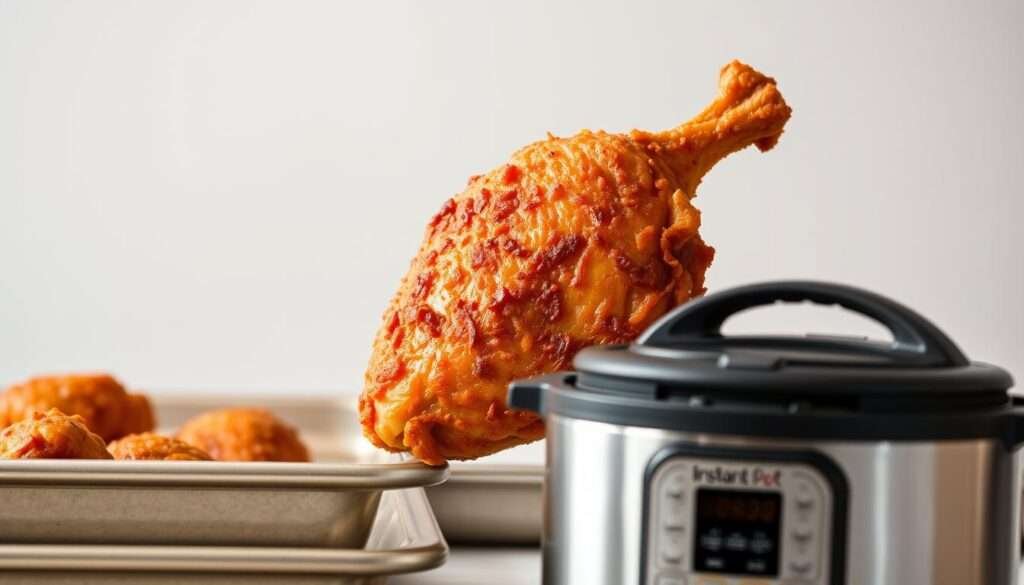 A succulent air-fried chicken thigh, crispy and golden-brown, set against a sleek, minimalist background. The juicy meat glistens under soft, flattering lighting, highlighting its tender texture. In the foreground, an Instant Pot and a rimmed baking sheet stand ready, hinting at the effortless cooking methods to come. The scene exudes a sense of culinary efficiency and modern simplicity, perfectly capturing the "Time-Savers for Busy Nights" theme.