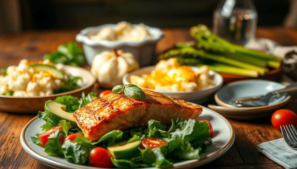 A sumptuous keto-friendly dinner scene, showcasing a delectable array of low-carb dishes. In the foreground, a plate features juicy grilled salmon, accompanied by a vibrant salad of leafy greens, avocado slices, and cherry tomatoes. In the middle ground, a creamy cauliflower gratin and roasted asparagus spears are beautifully presented. The background reveals a rustic wooden table, softly lit by warm, ambient lighting, creating a cozy and inviting atmosphere. The overall scene exudes a sense of health, balance, and culinary delight, perfectly capturing the essence of a keto dinner that everyone will love.