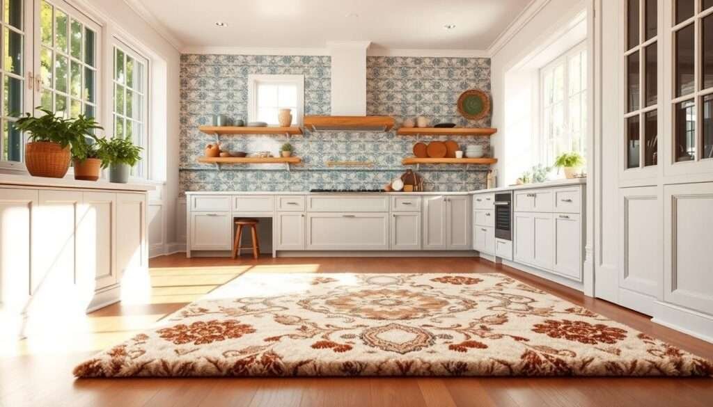 A sunlit farmhouse kitchen with a patterned backsplash of intricate Moroccan-inspired tiles in shades of blue, green, and white. In the foreground, a plush boho-style rug with an abstract floral design in earthy tones covers the hardwood floor, its soft texture inviting barefoot steps. The room is bathed in warm, natural light streaming through large windows, casting a cozy glow over the harmonious blend of rustic and modern elements. The overall atmosphere evokes a sense of relaxed, eclectic charm, perfectly suited for a breezy, bohemian-inspired farmhouse kitchen.