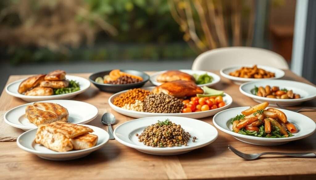 A table with a 7-day meal plan, featuring high-protein dinner options. The foreground depicts a clean, minimalist table setting with a wooden surface, white plates, and simple cutlery. In the middle ground, various healthy protein-rich ingredients are artfully arranged, such as grilled chicken, salmon fillets, lentils, and roasted vegetables. The background features a soft, blurred natural setting, conveying a sense of freshness and wellness. The lighting is warm and slightly diffused, creating a cozy, inviting atmosphere. The overall composition and styling suggest a well-structured, practical, and visually appealing meal plan.