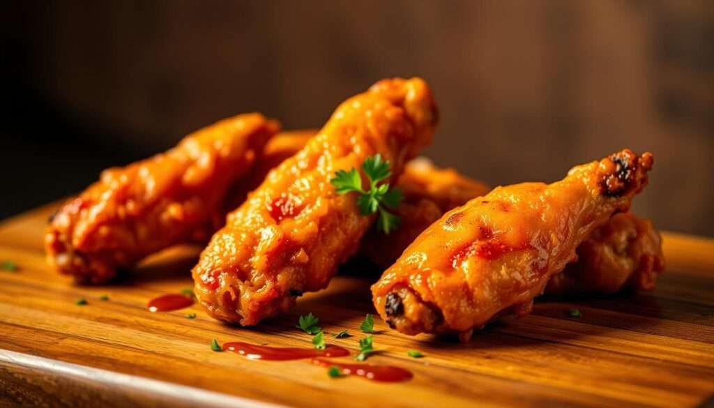 A tempting trio of chicken wings, beautifully arranged on a wooden surface. The wings, freshly fried to a crisp golden-brown, glisten under the warm, soft lighting. In the foreground, three distinct preparation styles are showcased: classic buffalo, tangy barbecue, and zesty lemon-pepper. The middle ground features a scattering of fresh herbs and a drizzle of sauce, adding depth and visual interest. The background is subtly blurred, keeping the focus on the delectable wings. The scene radiates an atmosphere of mouthwatering indulgence, inviting the viewer to imagine the satisfying crunch and bold flavors of these "Crispy Classics: Chicken Wings Three Ways".