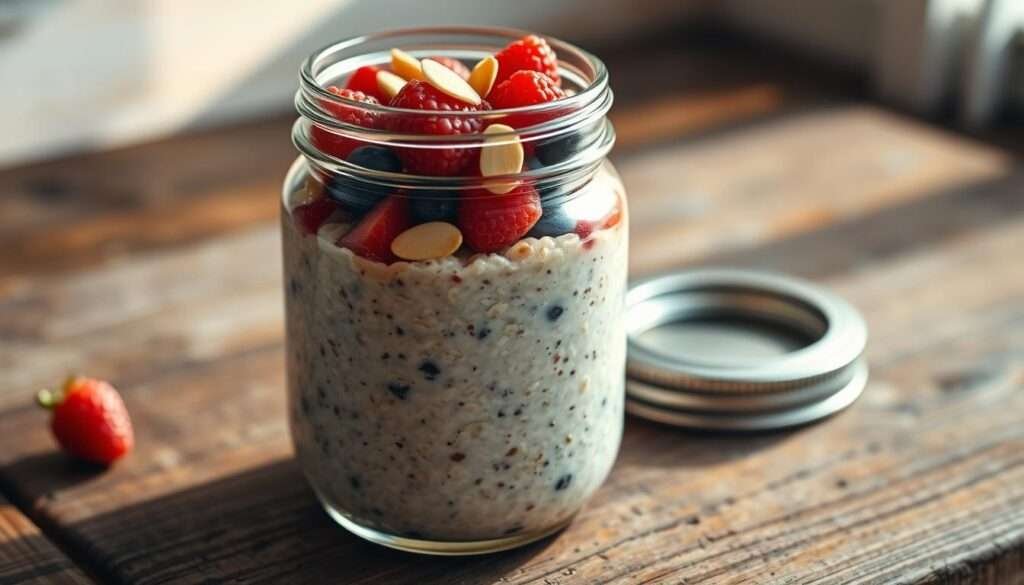A tightly-framed, close-up photograph of a clear glass mason jar filled with overnight oats. The jar is positioned on a rustic wooden surface, with natural sunlight streaming in from the side, casting a warm, inviting glow. The oats are layered with fresh berries, sliced almonds, and a drizzle of honey, creating a visually appealing and appetizing scene. The jar's metal lid sits beside it, hinting at the convenience and portability of this healthy breakfast option. The overall mood is one of simplicity, nourishment, and the comforts of a homemade meal.