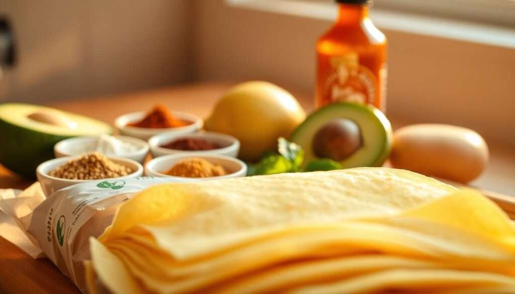 A tightly-framed still life of the key ingredients for enchiladas, bathed in warm, golden natural light. In the foreground, a pile of fresh corn tortillas, still wrapped in their packaging. In the middle ground, a selection of seasonings - ground cumin, chili powder, garlic powder, oregano - arranged neatly in small ceramic bowls. Behind them, a ripe avocado, a halved lime, and a bottle of Sriracha sauce. The background is softly blurred, evoking a cozy kitchen setting. The overall mood is one of anticipation and culinary inspiration, inviting the viewer to imagine the delicious enchiladas that could be crafted from these essential components.
