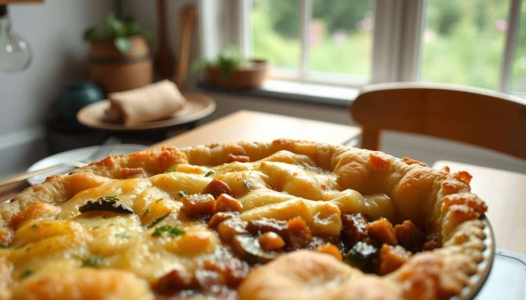 A traditional cottage pie with a modern twist, showcased in a cozy kitchen setting. In the foreground, a hearty casserole dish filled with a savory, plant-based filling of sautéed vegetables, herbs, and a rich, umami-packed gravy. The top is adorned with a golden, crispy mashed potato crust, glistening under soft, natural lighting. In the middle ground, a wooden table with a simple, rustic place setting, complementing the homey atmosphere. In the background, a window overlooking a lush garden, hinting at the veggie-forward nature of this comforting dish. The overall scene evokes a sense of warmth, nourishment, and a cozy, inviting ambiance.