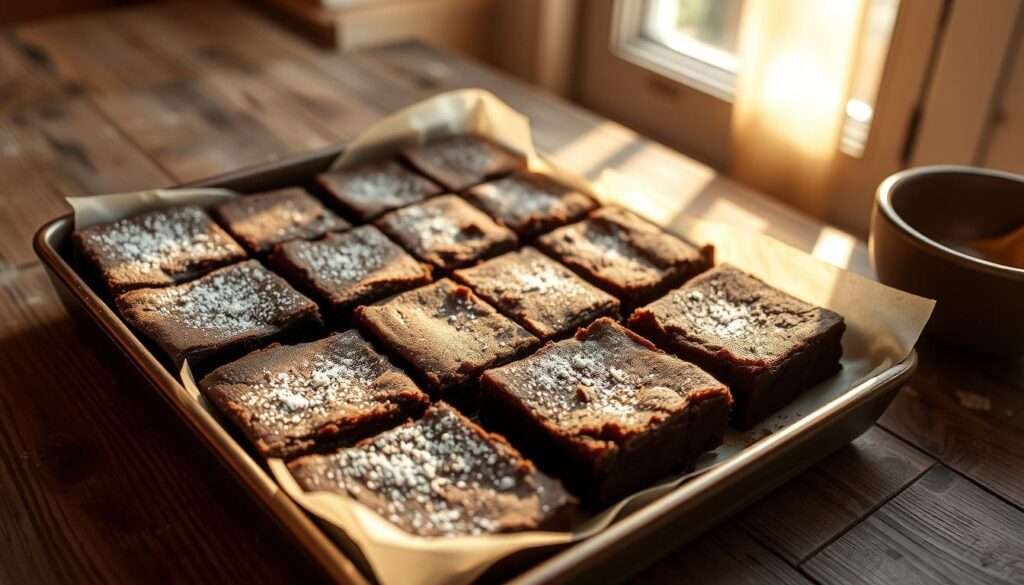 A tray of homemade brownies, freshly baked, sits on a rustic wooden table. The rich, dark chocolate aroma fills the air, enticing the senses. The brownies are dusted with a light coating of powdered coconut sugar, creating a subtle caramelized texture on the surface. Soft and fudgy in the center, the brownies are cut into neat squares, inviting a bite. Sunlight filters in through a nearby window, casting a warm, golden glow on the scene. The overall mood is cozy, comforting, and visually appealing, reflecting the healthier, more natural approach to dessert-making.