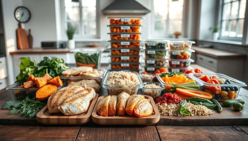 A two-week high-protein dinner meal plan, neatly arranged on a rustic wooden table. In the foreground, a variety of prepped ingredients - grilled chicken breasts, roasted sweet potatoes, quinoa, and an assortment of fresh vegetables. In the middle ground, several meal prep containers stacked, each labeled with the day of the week. The background features a clean, minimalist kitchen setting, with natural lighting filtering in through large windows, casting a warm, inviting glow over the scene. The overall mood is one of organization, health, and efficiency, showcasing a well-thought-out, nutritious meal plan to power through the week.