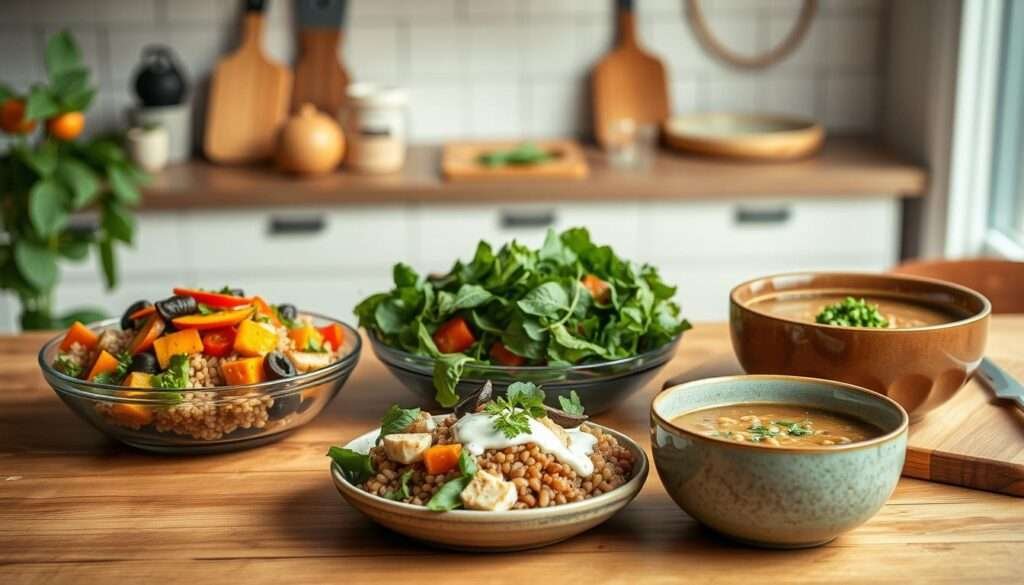 A vibrant and appetizing plant-based dinner scene set in a warm, cozy kitchen. In the foreground, a wooden table hosts a visually appealing array of freshly prepared dishes - a hearty grain bowl with colorful roasted vegetables, a leafy green salad with a creamy dressing, and a steaming bowl of fragrant lentil soup. The middle ground features a clean, minimal kitchen counter with a few simple cooking utensils and a cutting board with freshly chopped herbs. The background is bathed in soft, natural lighting, highlighting the textures and colors of the ingredients. An atmosphere of effortless, healthy nourishment pervades the scene, inviting the viewer to sit down and enjoy a quick, satisfying plant-based meal.