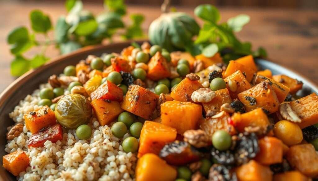A vibrant and nourishing plant-based meal, overflowing with a variety of textures and flavors. In the foreground, a hearty serving of roasted vegetables, including sweet potatoes, Brussels sprouts, and bell peppers, seasoned with aromatic herbs and spices. In the middle ground, a bed of fluffy quinoa, dotted with colorful edamame and toasted nuts for added protein and crunch. The background features a lush, earthy backdrop of leafy greens, providing a fresh and balanced contrast. Warm, golden lighting casts a cozy and inviting glow over the entire scene, highlighting the dish's enticing and satisfying appearance. Captured with a wide-angle lens to showcase the depth and abundance of this flavorful and filling plant-based creation.