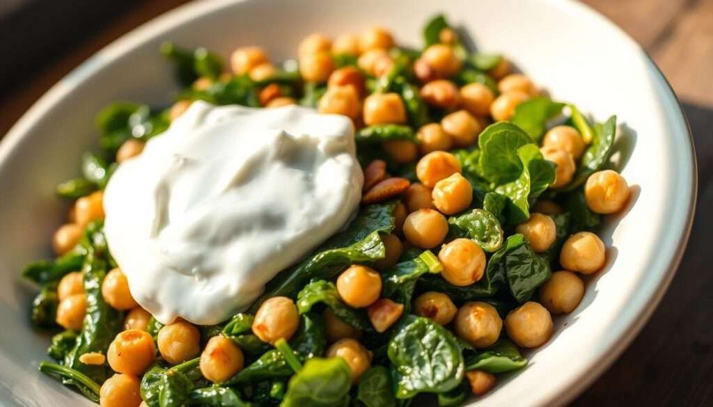 A vibrant, appetizing close-up of a rustic spinach and chickpea dish, served in a shallow white bowl. The spinach leaves are freshly sautéed, retaining their vibrant green hue. Plump, tender chickpeas are scattered throughout, adding a hearty texture. Toasted pine nuts provide a delicate crunch, their golden-brown tones complementing the greens. A generous dollop of cool, creamy Greek yogurt tops the center, its tangy creaminess contrasting with the earthy flavors. Warm, soft lighting from the side illuminates the dish, casting gentle shadows and highlighting the dish's inviting, homemade appeal. The composition is balanced, allowing the key ingredients to shine. This nourishing, protein-packed vegetarian meal is photographed at a slight angle, creating depth and drawing the viewer in.