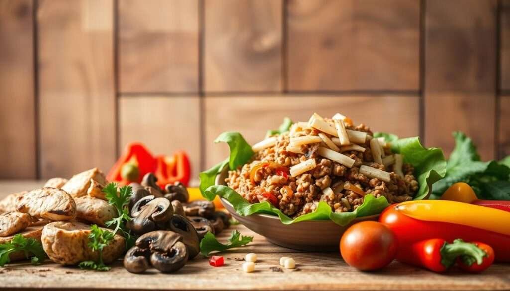 A vibrant, appetizing image of "protein swaps and low-carb variations" for a Philly cheesesteak-inspired dish. In the foreground, an assortment of healthy ingredients - grilled chicken, sautéed mushrooms, and crisp bell peppers - arranged in an enticing manner. The middle ground showcases a bowl brimming with the main components: ground turkey, caramelized onions, and melted provolone cheese, all resting on a bed of leafy greens. The background features a rustic, wood-paneled surface, creating a warm, homey atmosphere. Subtle lighting casts a soft, natural glow, highlighting the textures and colors of the dish. The overall composition evokes a sense of culinary creativity and nutritious indulgence, perfectly capturing the "Easy Variations to Try" theme.