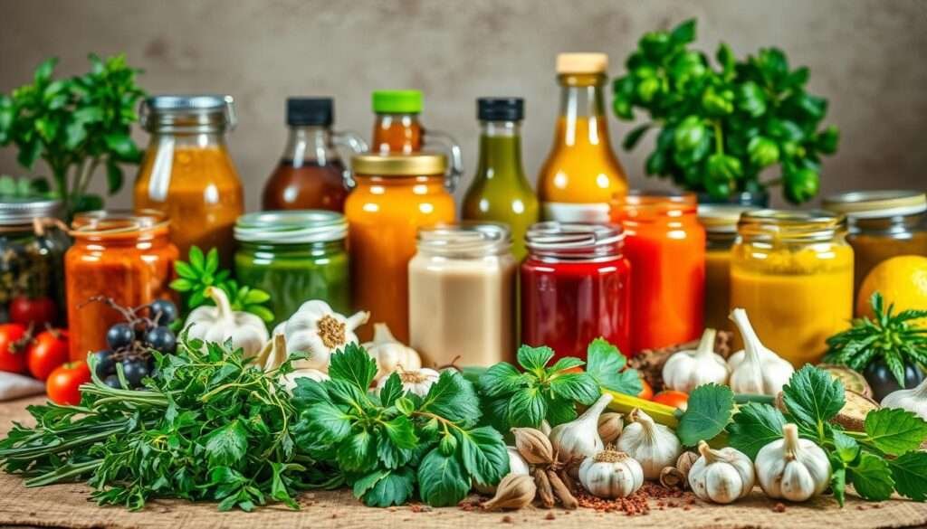 A vibrant, artfully composed still life featuring an array of plant-based sauces. In the foreground, a selection of fresh herbs, garlic, and spices are arranged with care, their vibrant colors and textures drawing the eye. The middle ground showcases a variety of sauce jars and bottles, their contents ranging from lush, creamy sauces to zesty, tangy vinaigrettes. The background features a neutral, earthy backdrop, perhaps a wooden tabletop or textured cloth, allowing the sauces to take center stage. Soft, natural lighting casts gentle shadows, highlighting the depth and dimension of the scene. The overall mood is one of simplicity, nourishment, and the joy of creating flavorful, plant-based meals.