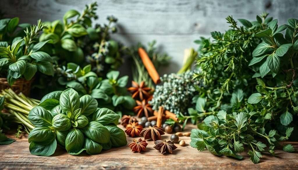 A vibrant assortment of fresh culinary herbs arranged on a rustic wooden table, bathed in soft, natural lighting. In the foreground, lush bundles of fragrant basil, rosemary, thyme, and oregano stand out against the textured background. The middle ground showcases a scattering of fragrant whole spices, like star anise and cinnamon sticks, while the background features a simple, uncluttered setting, allowing the herbs to take center stage. The overall composition conveys a sense of artisanal simplicity, inviting the viewer to experience the flavors and aromas of these essential plant-based ingredients.