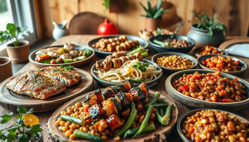 A vibrant culinary showcase featuring an array of high-protein dinner recipes, captured in a warm, inviting atmosphere. In the foreground, a bountiful selection of succulent meats, hearty legumes, and nutrient-dense vegetables are artfully arranged on rustic wooden platters, their colors and textures mingling in a visually enticing display. The middle ground depicts expertly prepared dishes, such as grilled salmon with a zesty lemon-herb crust, juicy chicken skewers with a smoky barbecue glaze, and a hearty vegetarian lentil stew, all photographed in natural lighting to highlight their enticing presentation. The background features a cozy, homely setting, with warm-toned wooden accents and subtle greenery, creating a sense of comfort and nourishment. The overall composition conveys the idea of a delicious and satisfying high-protein feast, designed to fuel the body and delight the senses.