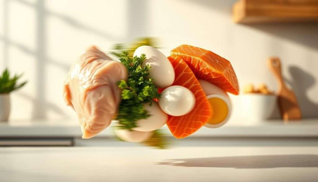 A vibrant, dynamic image of protein sources rotating on a clean, minimalist kitchen countertop. In the foreground, a selection of high-protein foods - chicken breasts, salmon filets, eggs, and tofu - gracefully rotate against a softly blurred background. Warm, directional lighting casts subtle shadows, creating a sense of depth and movement. The countertop is made of a sleek, neutral material, allowing the proteins to be the focal point. The overall composition conveys a feeling of effortless versatility, inviting the viewer to imagine the array of delicious, high-protein meals that can be created from these simple, everyday ingredients.