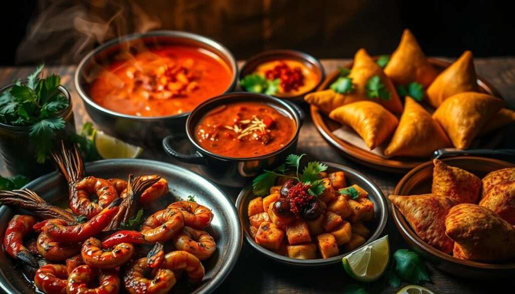 A vibrant, fiery still life of an assortment of spicy dishes, including a sizzling plate of chili-rubbed grilled shrimp, a steaming bowl of fragrant red curry, and a platter of crispy, golden-brown samosas. Diffused, warm lighting casts a tantalizing glow across the scene, highlighting the rich, vivid colors and textures of the ingredients. Strategically placed garnishes, such as fresh cilantro, lime wedges, and a sprinkle of crushed red pepper flakes, add pops of contrast and a sense of freshness. The composition is balanced, with the dishes arranged in a visually appealing manner, inviting the viewer to dive in and experience the heat and complexity of these bold, flavor-packed specialties.