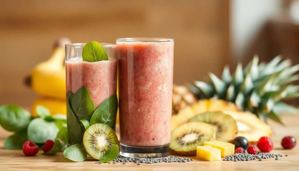 A vibrant, freshly blended smoothie with a creamy, luscious texture. In the foreground, a glass filled to the brim with a rich, vibrant blend of fruits and vegetables, such as spinach, banana, and berries. The middle ground features an assortment of fresh, colorful ingredients neatly arranged around the glass, including sliced kiwi, pineapple, and a sprinkling of chia seeds. The background is softly blurred, creating a sense of depth and focus on the delectable smoothie. The lighting is warm and natural, casting a gentle glow on the ingredients and enhancing the appetizing appearance of the smoothie. The overall composition conveys a sense of health, vitality, and the ease of creating a quick, nutritious smoothie.